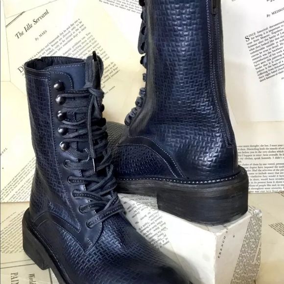 Free People Combat Boot Black Embossed Lace Up Zip Back - Picture 5 of 7